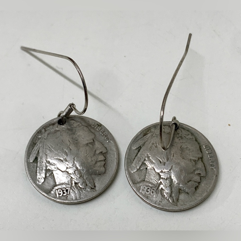 Pair of 1936/1937 Bullet Shot Buffalo Nickel Earrings Handmade Unused Vintage